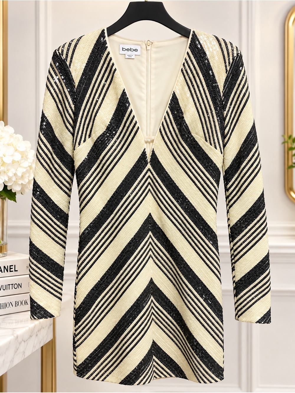 bebe Black and Cream Chevron Sequin V-Neck Mini Dress